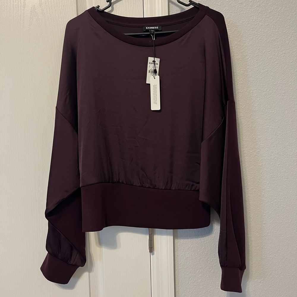 NWT Express Burgundy/Maroon Heavy Long Sleeve Crewneck with Satin Panel Size M